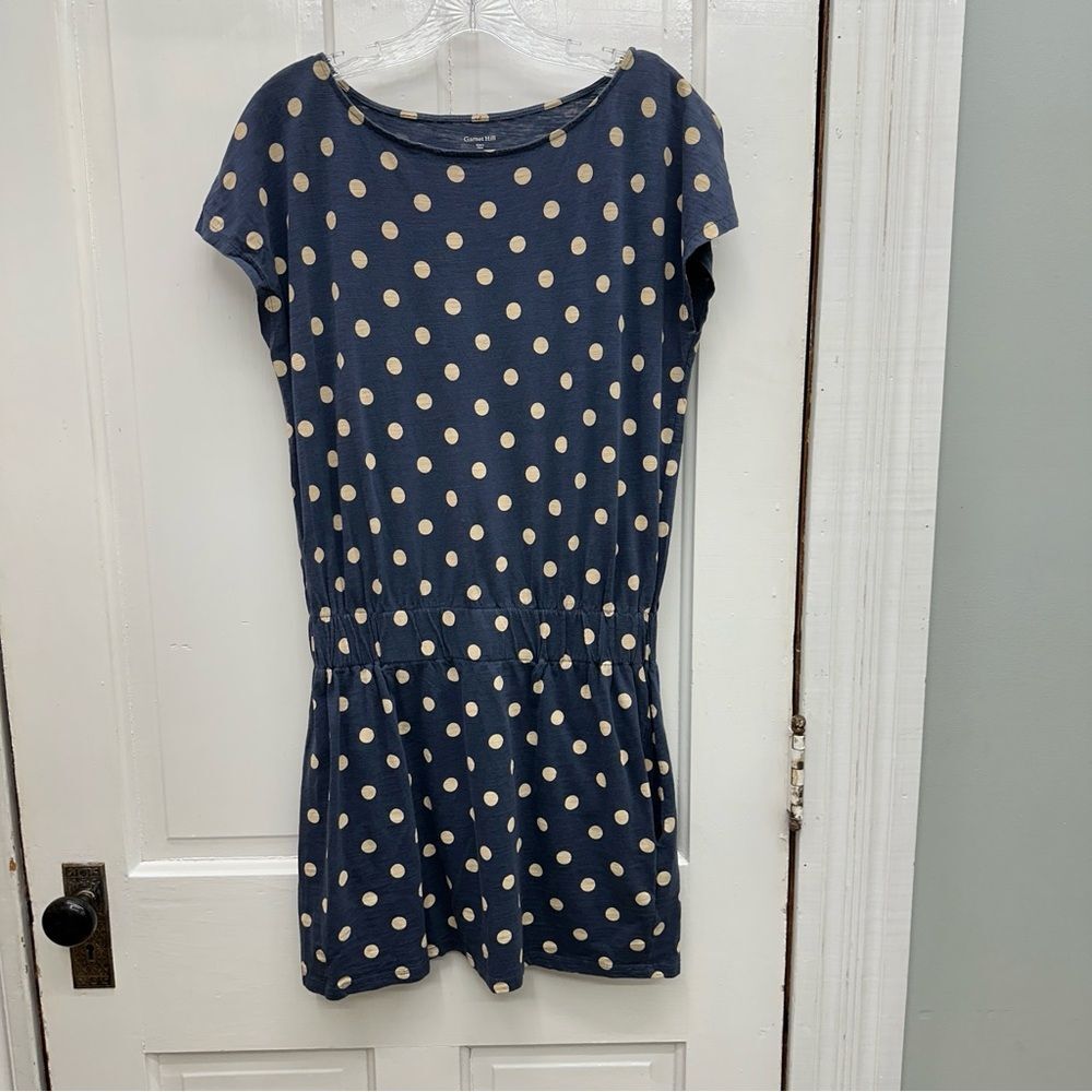 Garnet Hill blue and cream tan polka‎ dot dress with pockets women's 6